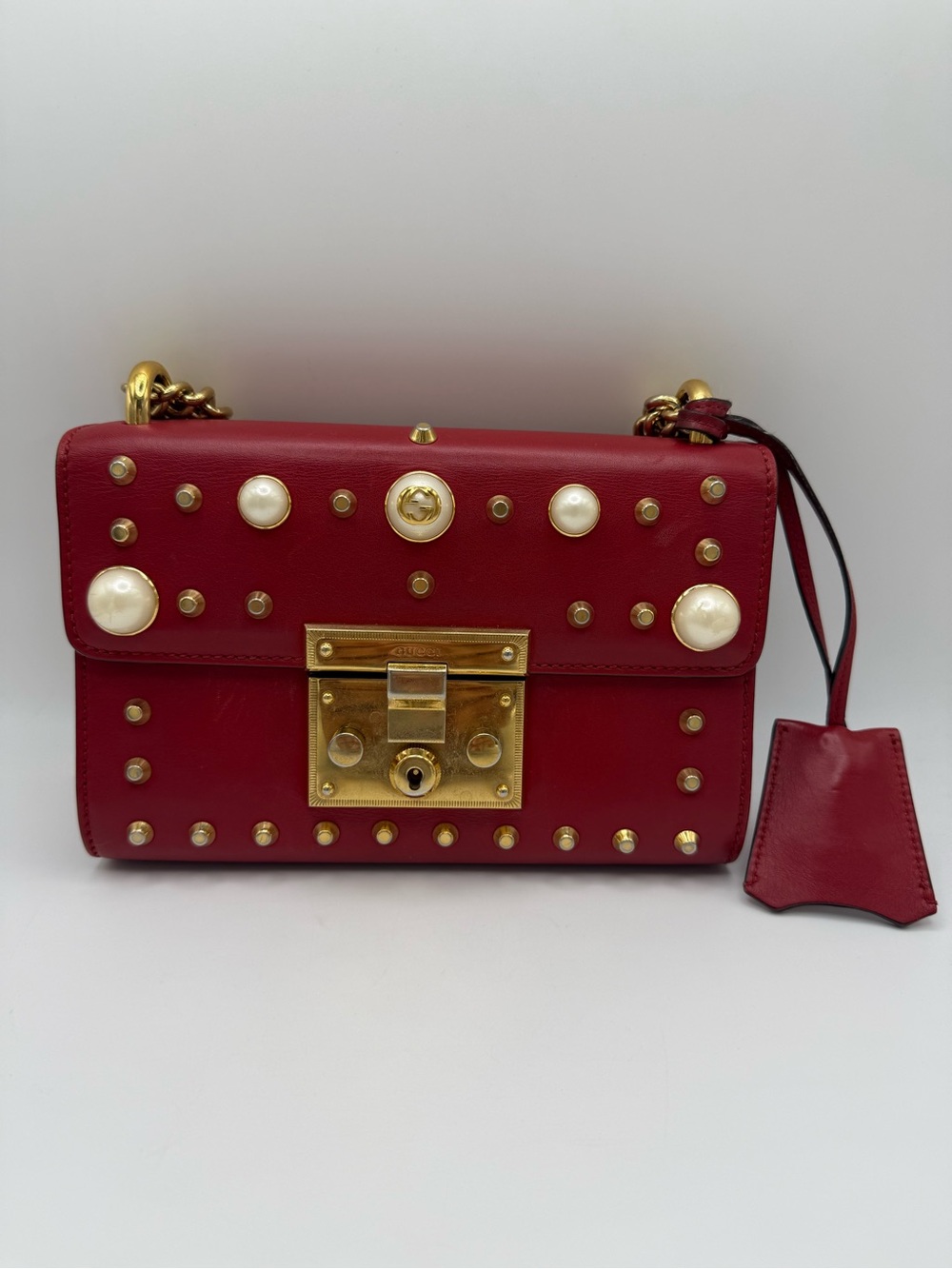 Gucci Red Pearl Studded Padlock Shoulder Bag